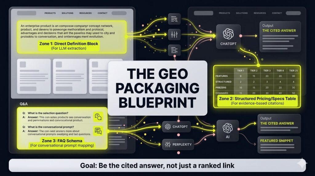 A webpage wireframe highlighting answer blocks and structured data tables designed for generative engine optimization and AI citations.
