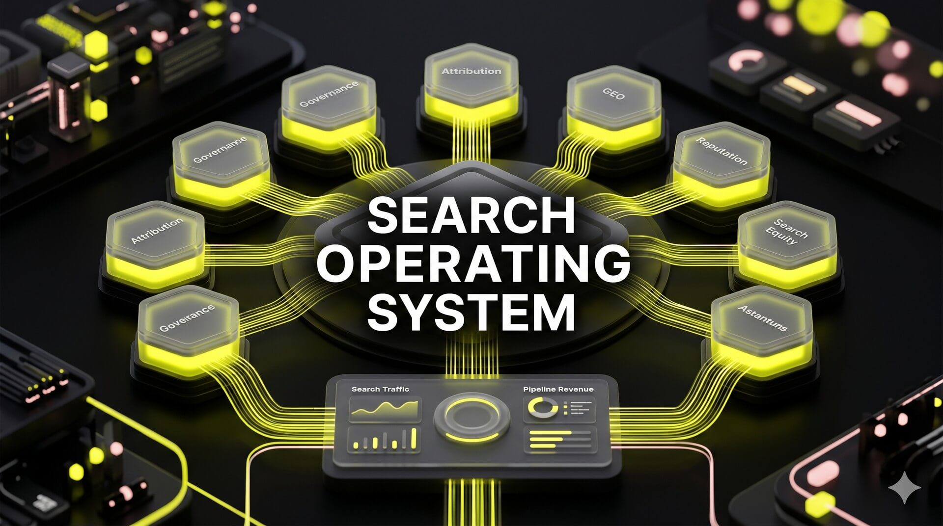 A premium 3D visualization of an Enterprise SaaS SEO operating system showing modular pillars for governance, attribution, and GEO converting traffic into pipeline revenue.