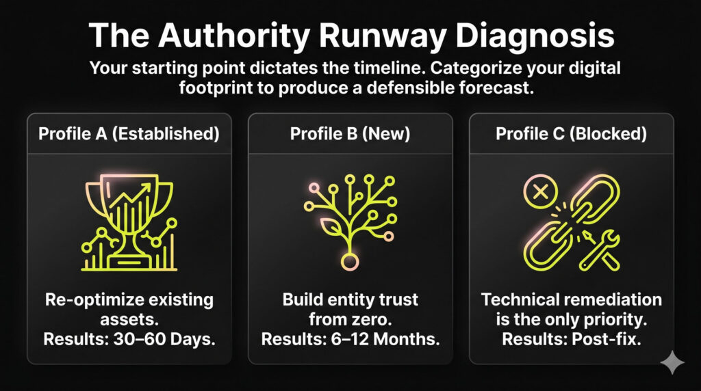 A 3-column comparison grid titled "Authority Runway." It classifies brands into Profile A (Established, 30-60 day results), Profile B (New, 6-12 month runway), and Profile C (Blocked, requiring technical remediation before growth).