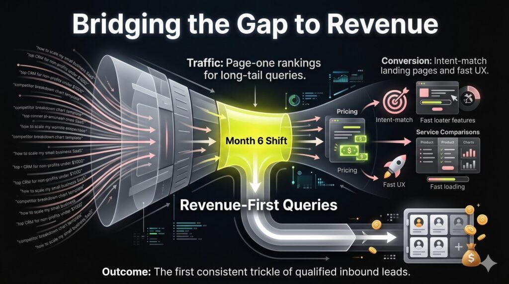 A conversion funnel infographic showing the transition from long-tail traffic to revenue. It highlights the shift toward "Revenue-First Queries" such as pricing and service comparisons to generate a consistent trickle of qualified inbound leads by Month 6.