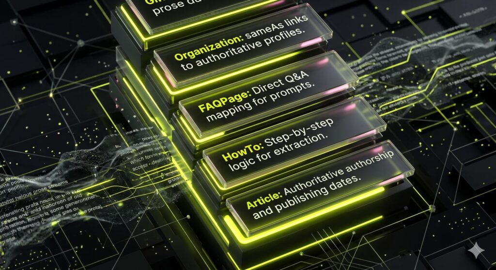 A 3D stack of structured data icons representing Organization, FAQPage, HowTo, and Article schema for generative engine optimization.