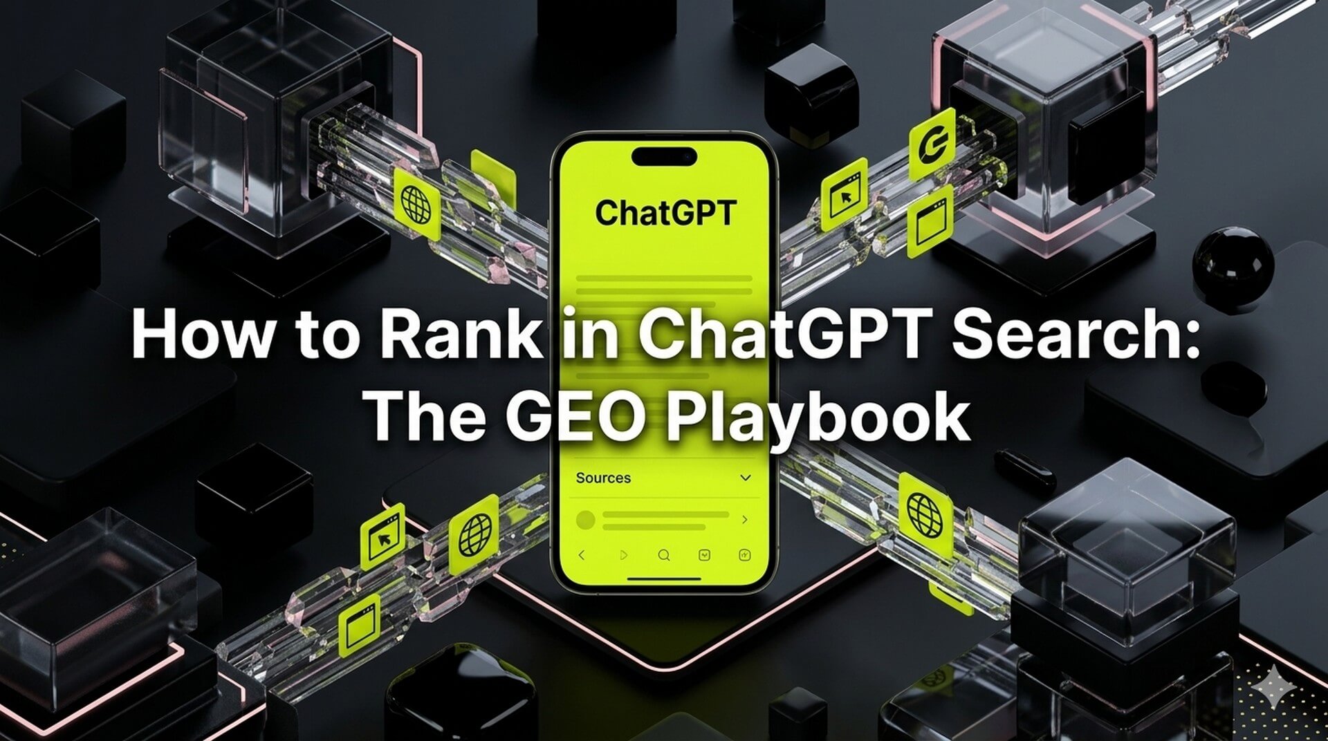 A high-end 3D visualization of a ChatGPT mobile interface showing expanded citations and data streams flowing from brand websites into the AI response, representing the GEO playbook.