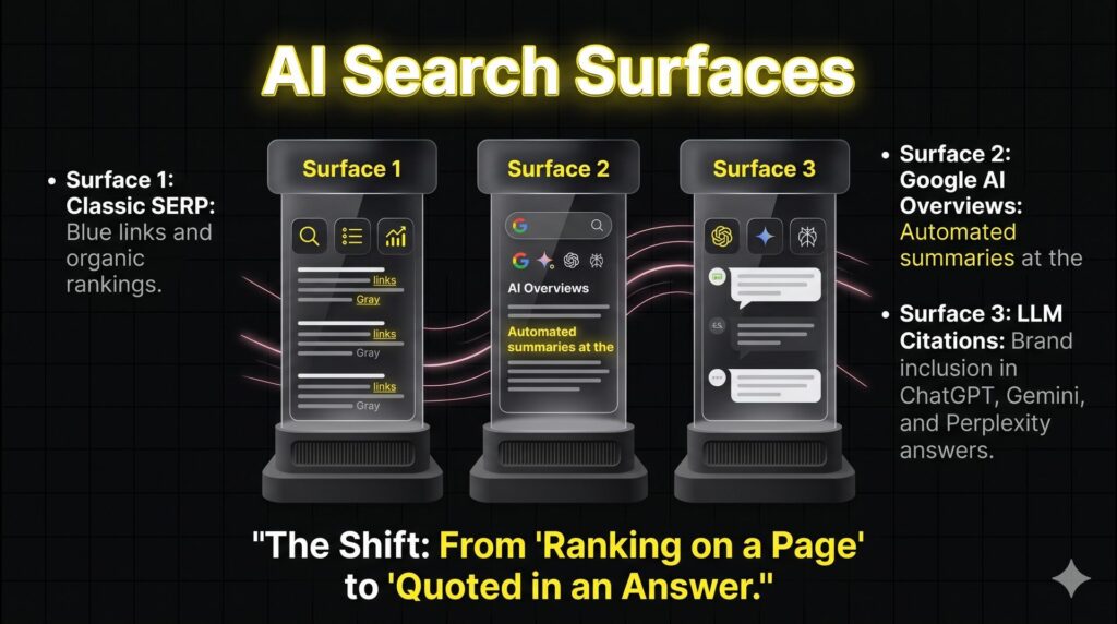 A 3-pillar infographic comparing Classic SERP, Google AI Overviews, and LLM Citations to help SEO managers distinguish between search visibility surfaces.