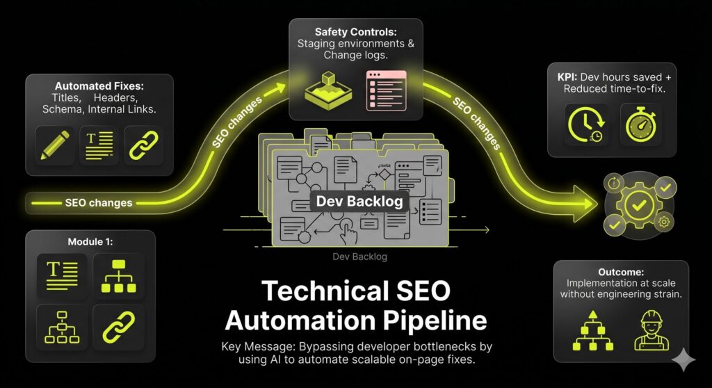 A technical SEO automation diagram showing how AI tools can bypass developer backlogs to implement on-page fixes and schema at scale.