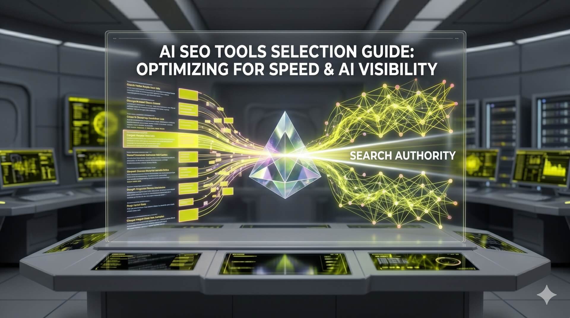 A high-end 3D visualization of a holographic SEO control center showing parallel data streams for traditional search and AI engine citations, symbolizing future-proof SEO tool selection.
