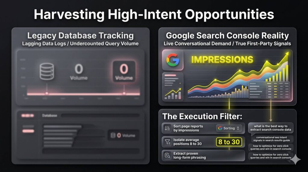 Comparative infographic showing a flat line labeled legacy database tracking contrasted against an active, rising wave chart labeled Google Search Console first-party signals.