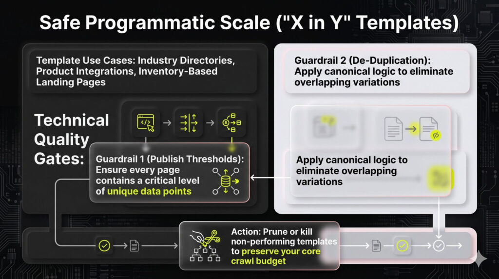 Two-column balance infographic listing programmatic page templates on one side and technical crawl budget guardrails like unique publish thresholds on the other.