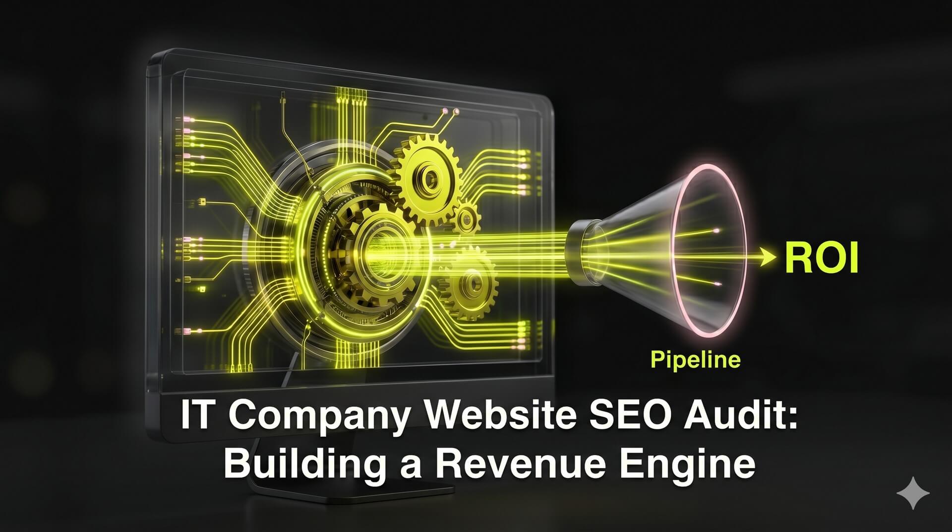 A 3D visualization of a transparent computer monitor revealing glowing golden gears and circuits inside, directing light into a revenue funnel, representing a technical SEO audit for an IT company.