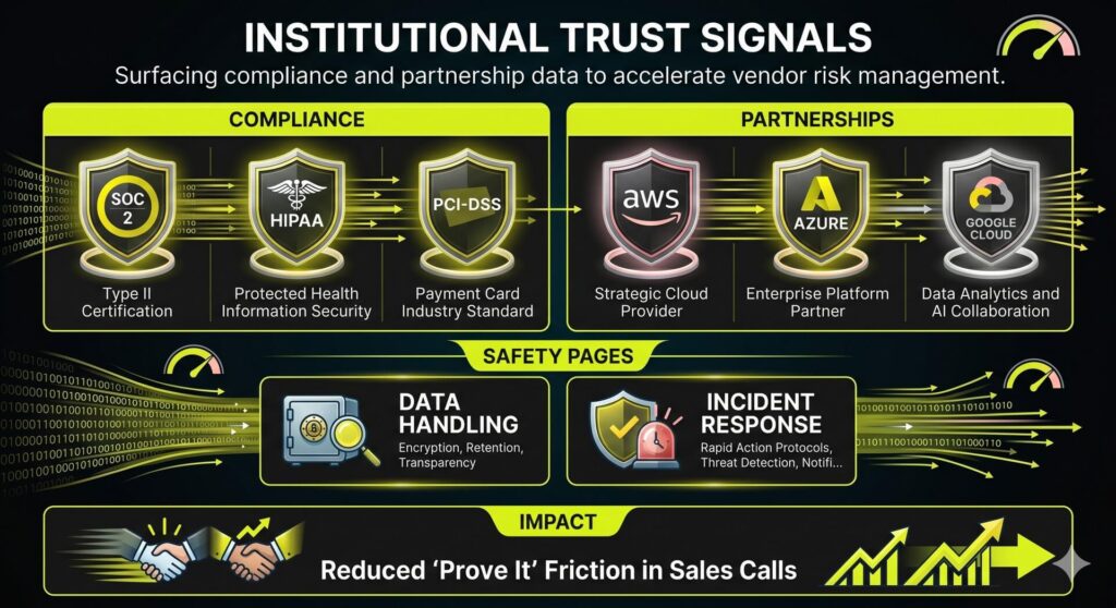 A grid of institutional trust signals including SOC 2 and HIPAA badges alongside cloud partner logos to accelerate vendor risk management.