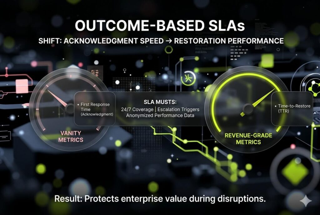 A gauge infographic comparing vanity response time metrics against revenue-grade time-to-restore (TTR) targets for professional service level agreements.