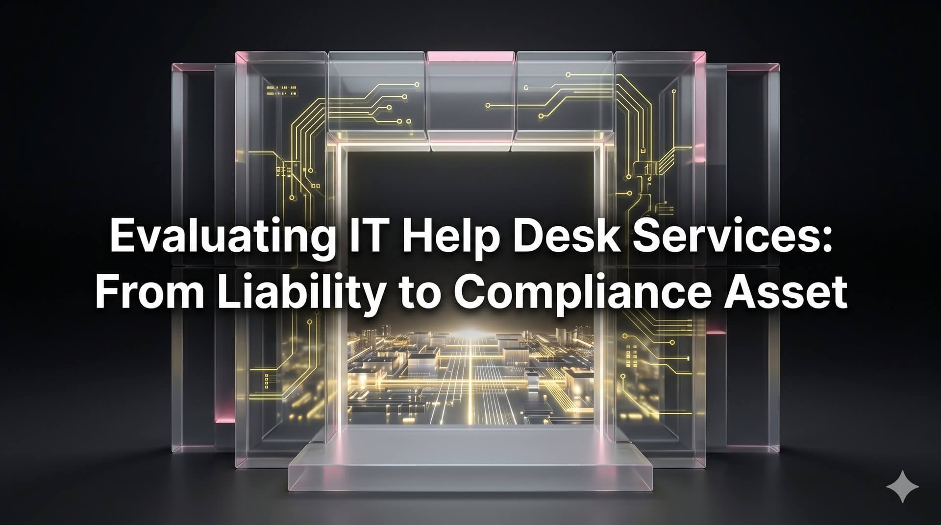 Abstract 3D gateway made of glass slabs and glowing circuits, representing an audit-ready IT help desk service that bridges the gap between technical execution and compliance.