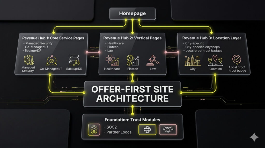 A site architecture map for an MSP website, showing a hierarchy that prioritizes core service pages, vertical-specific pages, and location pillars over traditional blog posts.