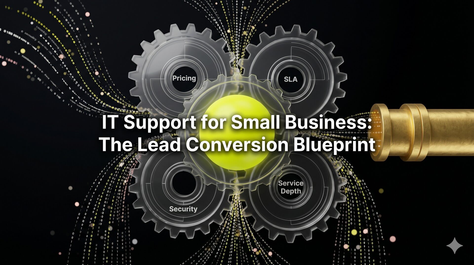 High-end 3D visualization of four interlocking gears etched with "Security" and "Pricing" pulling data streams into a golden pipeline, representing an IT support lead conversion engine.