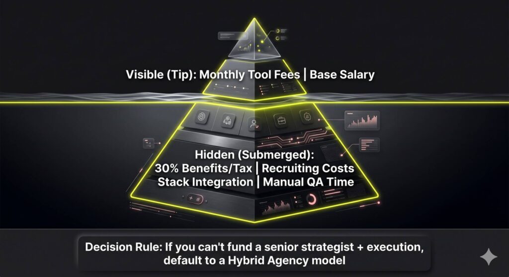 An iceberg infographic showing the total cost of ownership (TCO) for SEO, highlighting hidden costs like recruiting, benefits, and stack integration.