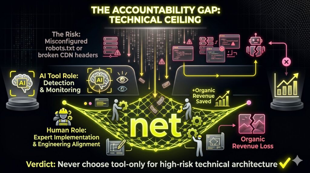 A technical safety net diagram showing how expert human accountability bridges the gap that AI tools leave in site architecture and indexation monitoring.