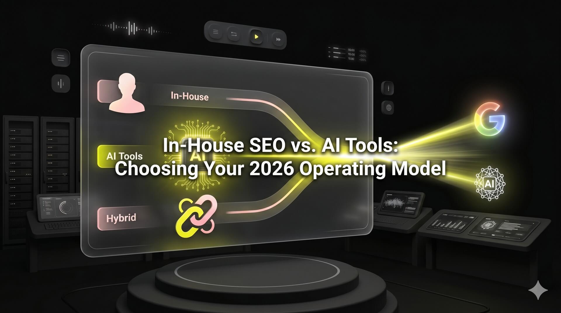 A high-end 3D holographic command center showing three paths—In-House, AI Tools, and Hybrid—converging into a unified search strategy for Google and AI engines.