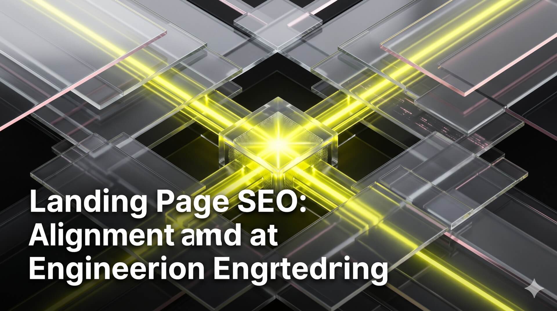 Abstract premium neumorphic layout of interlocking translucent glass plates and a sharp glowing central node symbolizing a conversion lattice. Text reads: Landing Page SEO: Intent Alignment and Conversion Engineering.