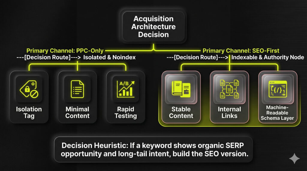 Flowchart infographic branching from an "Acquisition Channel" decision node into an "Isolated" PPC path with a noindex tag, and an "Authority Node" SEO path featuring internal links and schema.