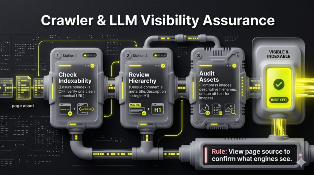 Horizontal technical checklist infographic with a page asset moving through checkpoints for indexing tags, heading hierarchy, and asset compression to ensure visibility.