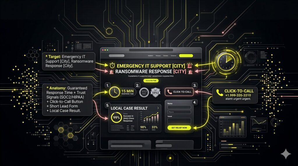 A visual breakdown of a webpage designed for crisis intent, featuring key elements above the fold: a response-time promise, trust badges, a prominent phone number, a simple form, and a local client result.