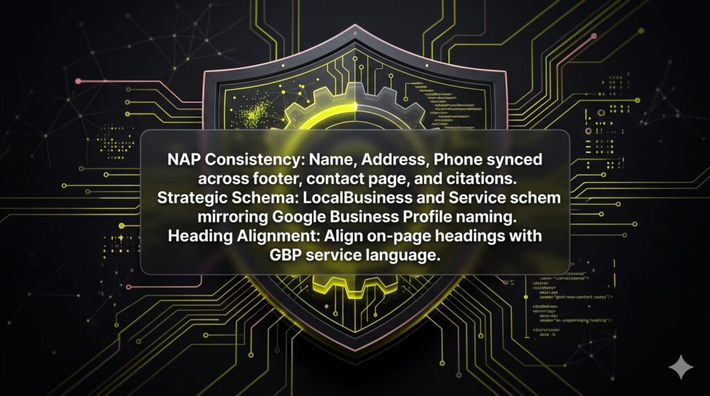 A shield graphic representing entity trust, formed by interlocking layers of consistent NAP data, strategic LocalBusiness schema, and aligned website headings.