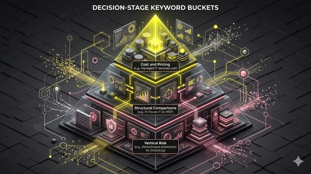 Alt Text: A keyword hierarchy pyramid highlighting the most valuable decision-stage terms: pricing transparency, structural model comparisons, and vertical-specific risk queries.