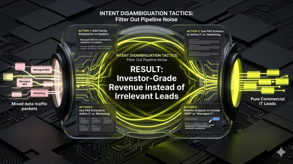 A filtration graphic titled Intent Disambiguation, showing how an IT company uses header statements and FAQ schema to separate Managed IT leads from irrelevant marketing traffic.