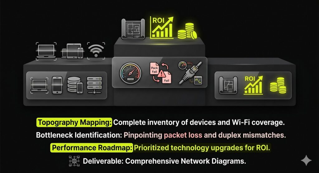 A 3-step staircase graphic illustrating the network assessment process from topology mapping to the delivery of a prioritized technology roadmap.