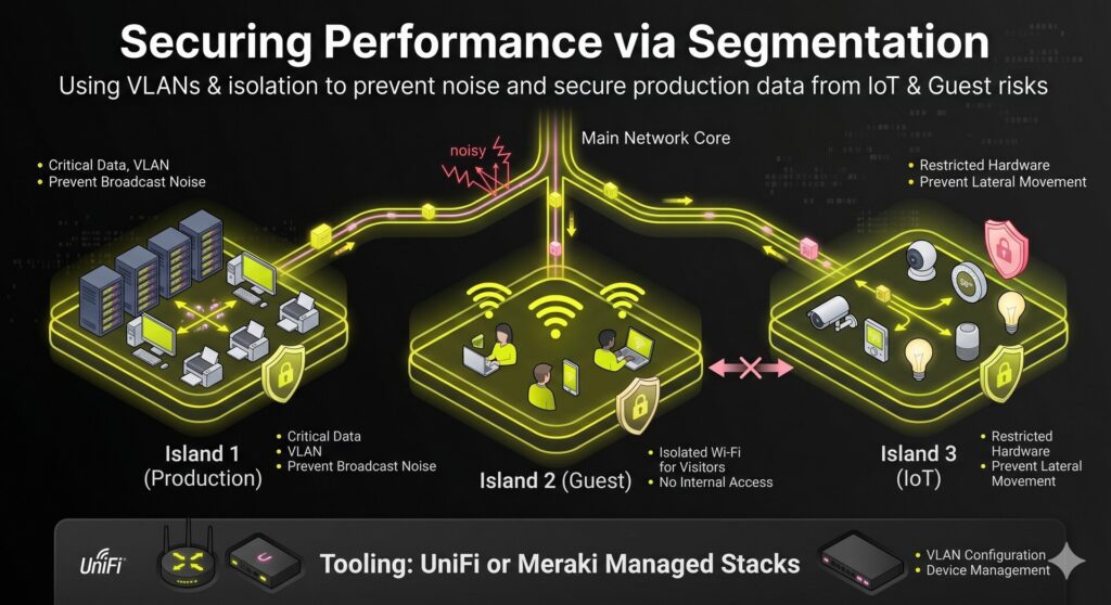 A network segmentation diagram showing how VLANs isolate production data from guest Wi-Fi and IoT devices to improve security and performance.