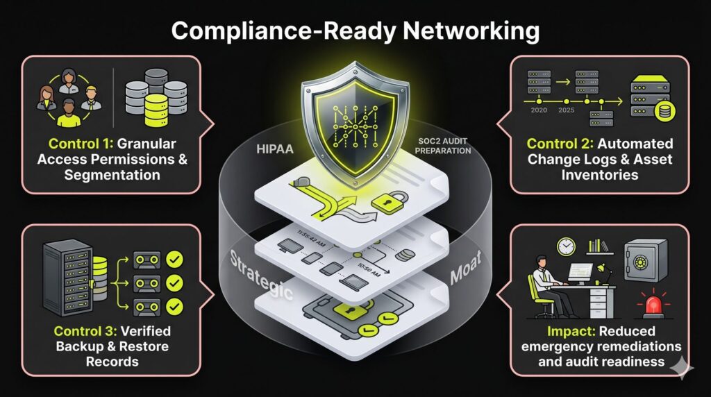 A compliance shield infographic highlighting network controls for HIPAA and SOC2, including automated change logs and asset inventories.