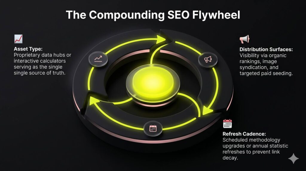 Circular loop infographic detailing the three operational inputs of the SEO Flywheel: Asset Type, Distribution Surfaces, and Refresh Cadence.
