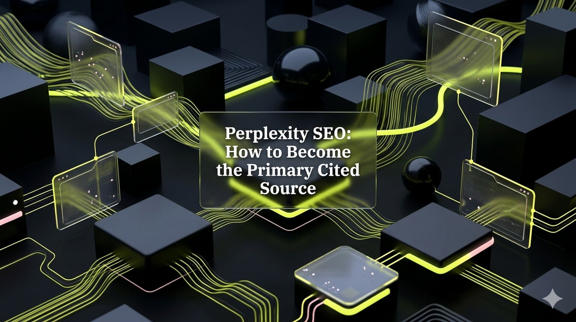 A 3D minimalist visualization of the Perplexity knowledge web with floating citation cards and a primary source highlighted in gold to symbolize Perplexity SEO success.