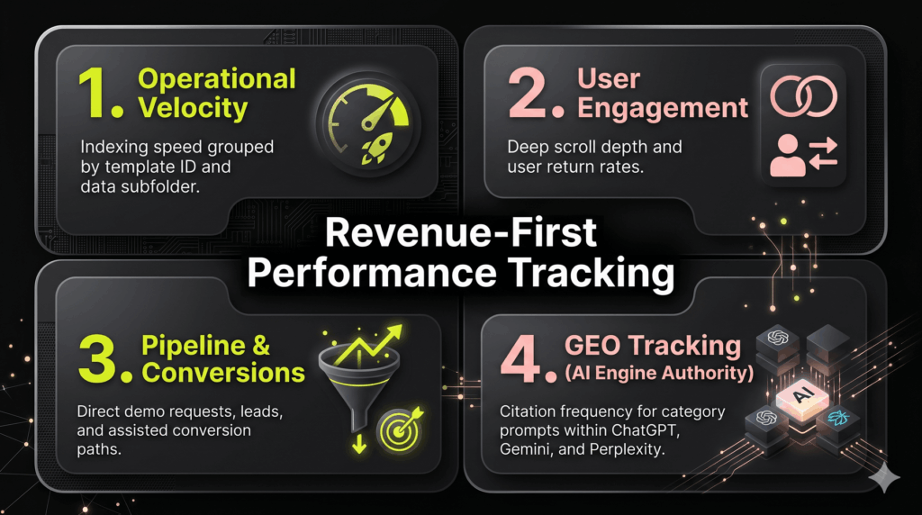A matrix layout breaking down the four critical measurement layers for programmatic SEO including operational metrics, conversion tracking, and AI citations.