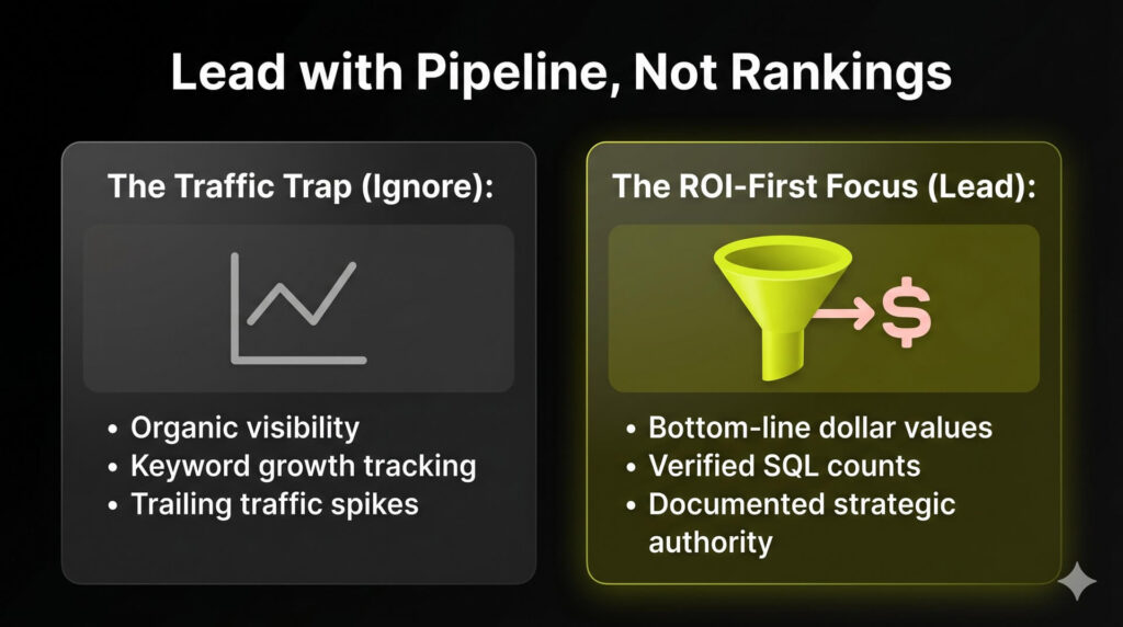 A two-column comparative infographic contrasting surface-level traffic vanity metrics against bottom-line pipeline revenue values.