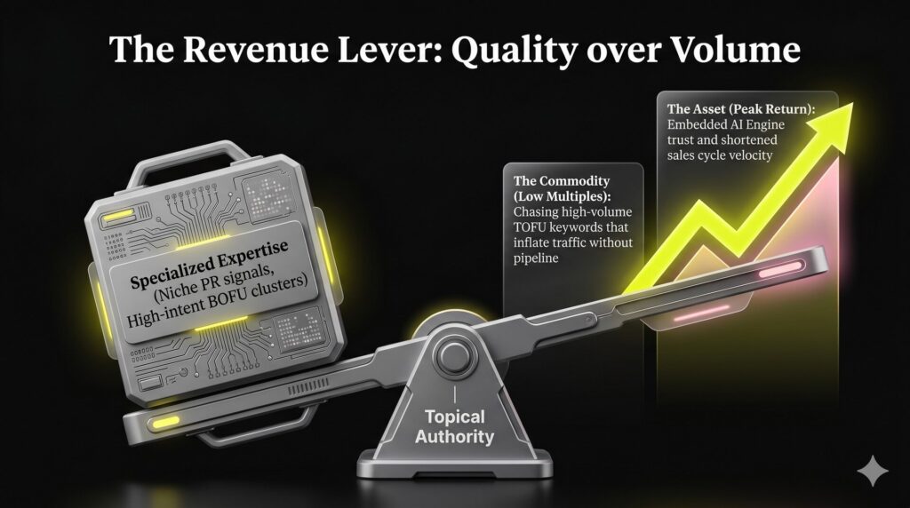 A mechanical balance lever infographic illustrating how specialized topical content out-performs generic keyword search volume to drive peak business returns.