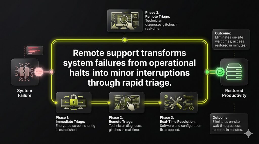 A timeline infographic showing the rapid triage process of remote IT support, moving from a system failure to real-time diagnosis and immediate restoration of productivity.
