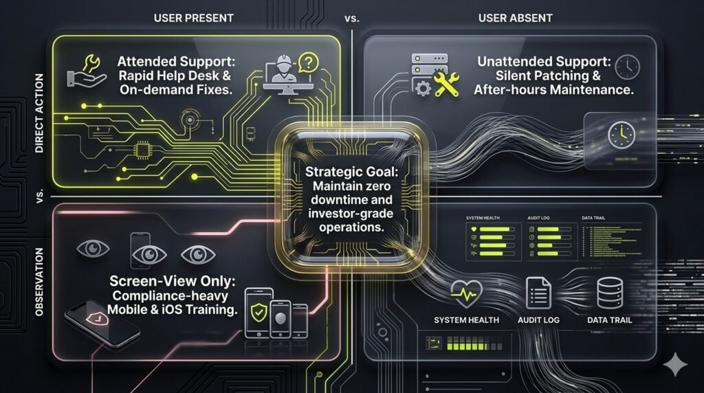 A grid comparing different remote support modes, including attended support for help desks, unattended support for maintenance, and screen-view modes for compliance.