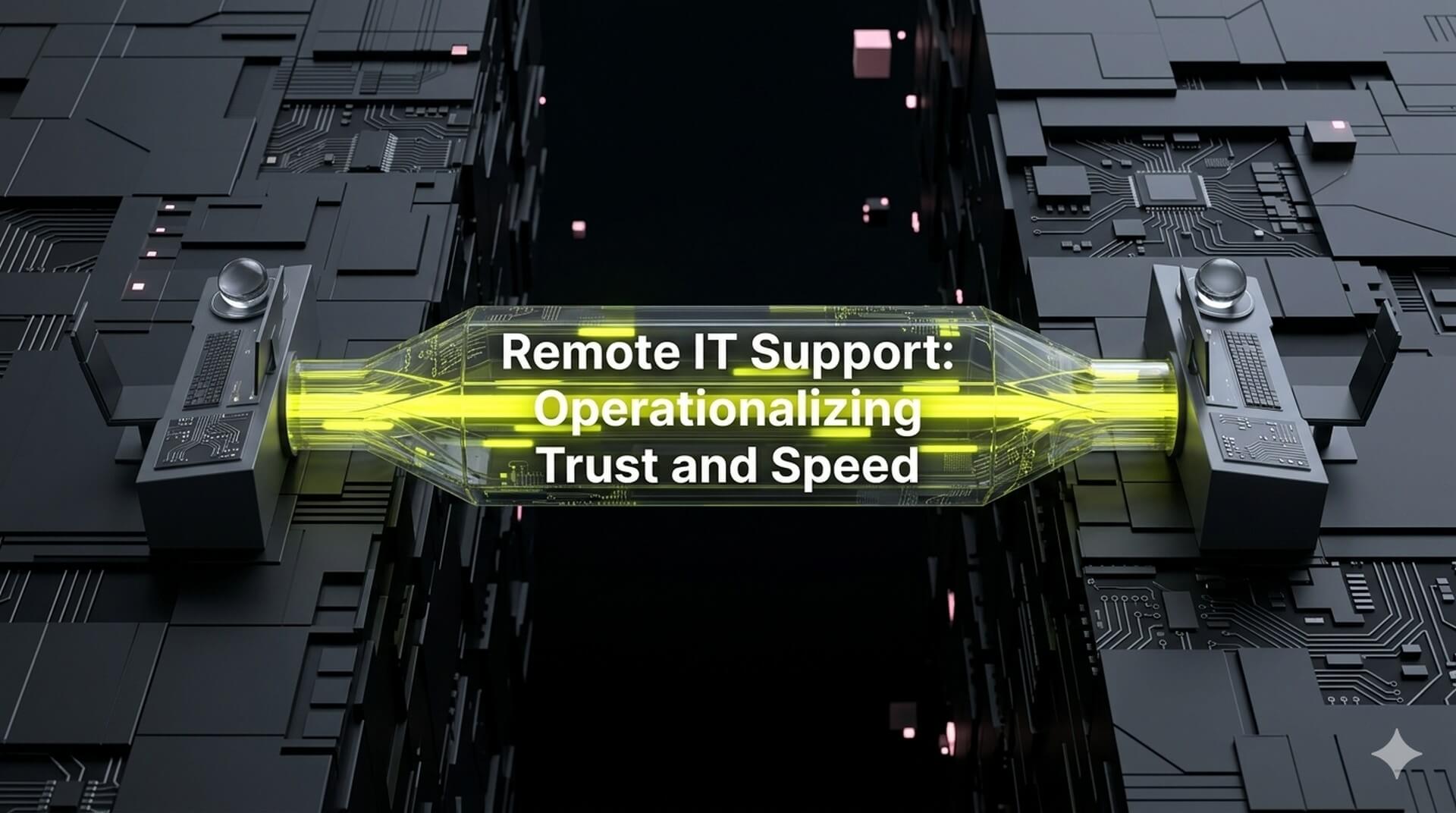 A 3D digital visualization of a secure, glowing tunnel connecting two computer workstations, representing encrypted remote IT support and operational trust.