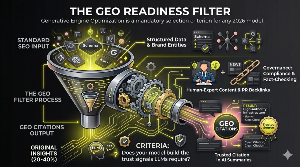 A GEO readiness filter illustrating how structured data and expert-led content turn standard SEO into citations within generative AI answers.