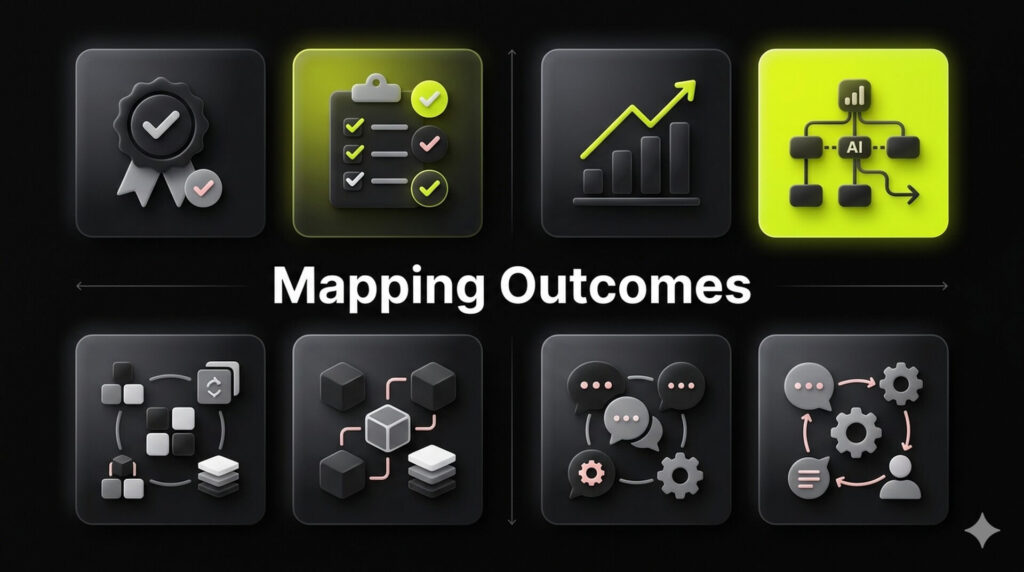 Matrix graphic mapping different SEO service models, such as monthly retainers and project-based work, to their specific business outcomes and impact.