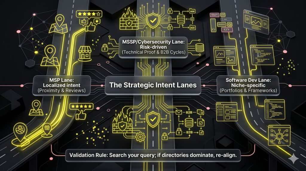 Alt Text: A three-lane highway diagram illustrating strategic intent lanes for IT companies. Lane 1 is for MSPs (Local Intent), Lane 2 for MSSPs (Risk/Authority), and Lane 3 for Software Devs (Niche Expertise).