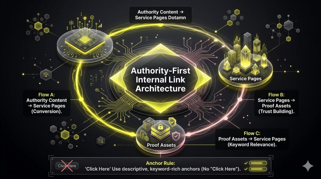 A circular flowchart showing the flow of authority. Arrows connect Authority Content to Service Pages, Service Pages to Proof Assets, and Proof Assets back to Service Pages to maximize SEO power.