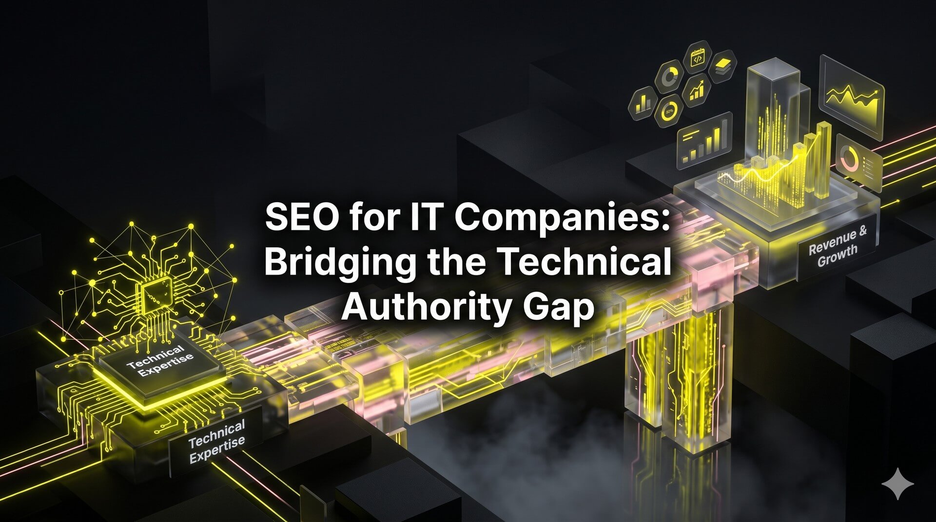 Abstract digital bridge composed of circuits and crystalline geometry crossing a dark chasm. One side is labeled Technical Expertise and the other is labeled Revenue Growth, symbolizing the closure of the technical authority gap.
