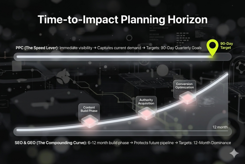 Timeline infographic contrasting the immediate 90-day pipeline impact of PPC against the compounding 12-month growth curve of SEO and GEO.