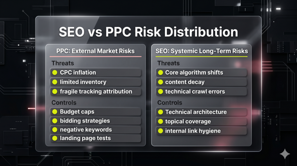 isk matrix table comparing market-driven PPC risks and controls against systemic, architectural SEO risks and maintenance controls.
