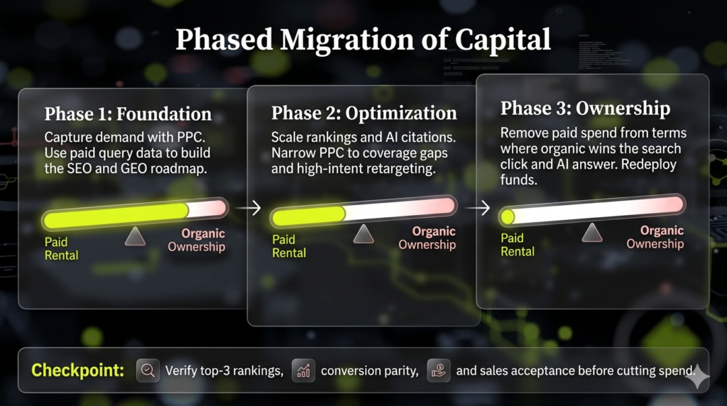 Progress chart detailing a three-phase hybrid migration model to transition search budget safely from paid ads to organic ownership.