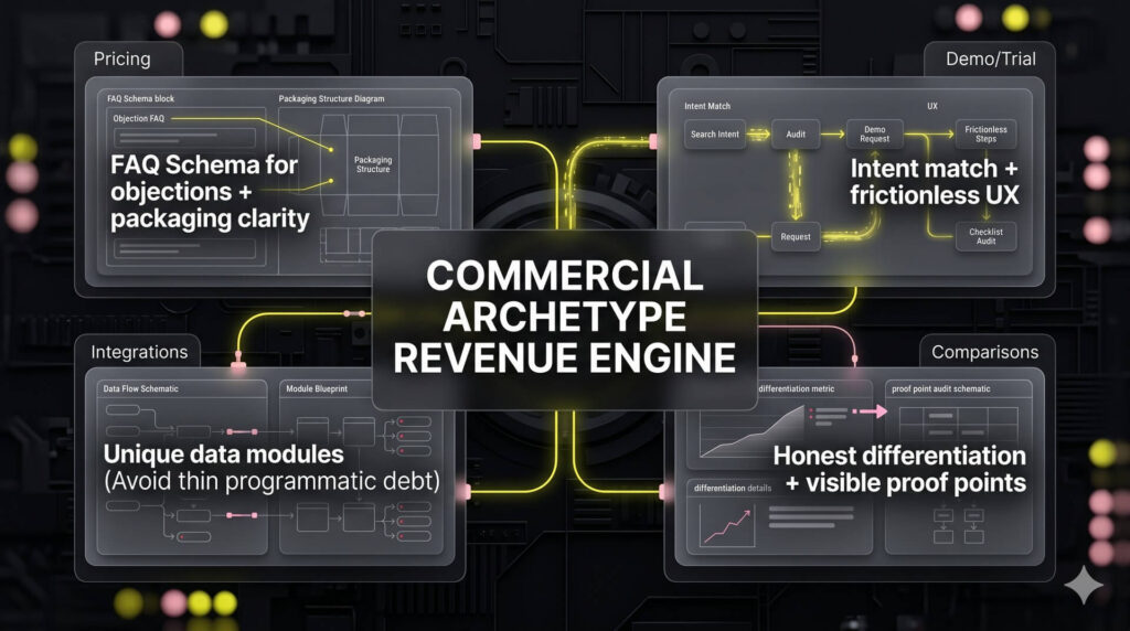 A blueprint of commercial page archetypes for SaaS including pricing, demo, and comparison pages that drive monthly recurring revenue (MRR).
