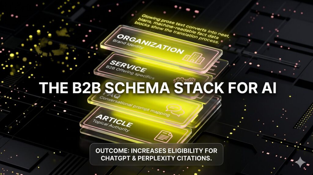 A stack of B2B schema types including Organization, Service, and FAQ markup designed to earn AI search citations.