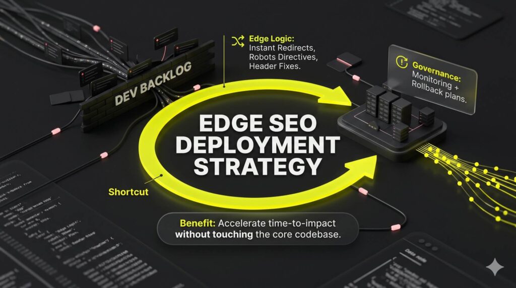 An Edge SEO diagram showing how CDN-level deployments bypass engineering bottlenecks to ship redirects and meta fixes instantly.