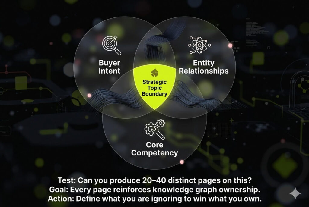 A Venn diagram infographic showing how to define a strategic topic boundary using buyer intent, entity relationships, and core competency.